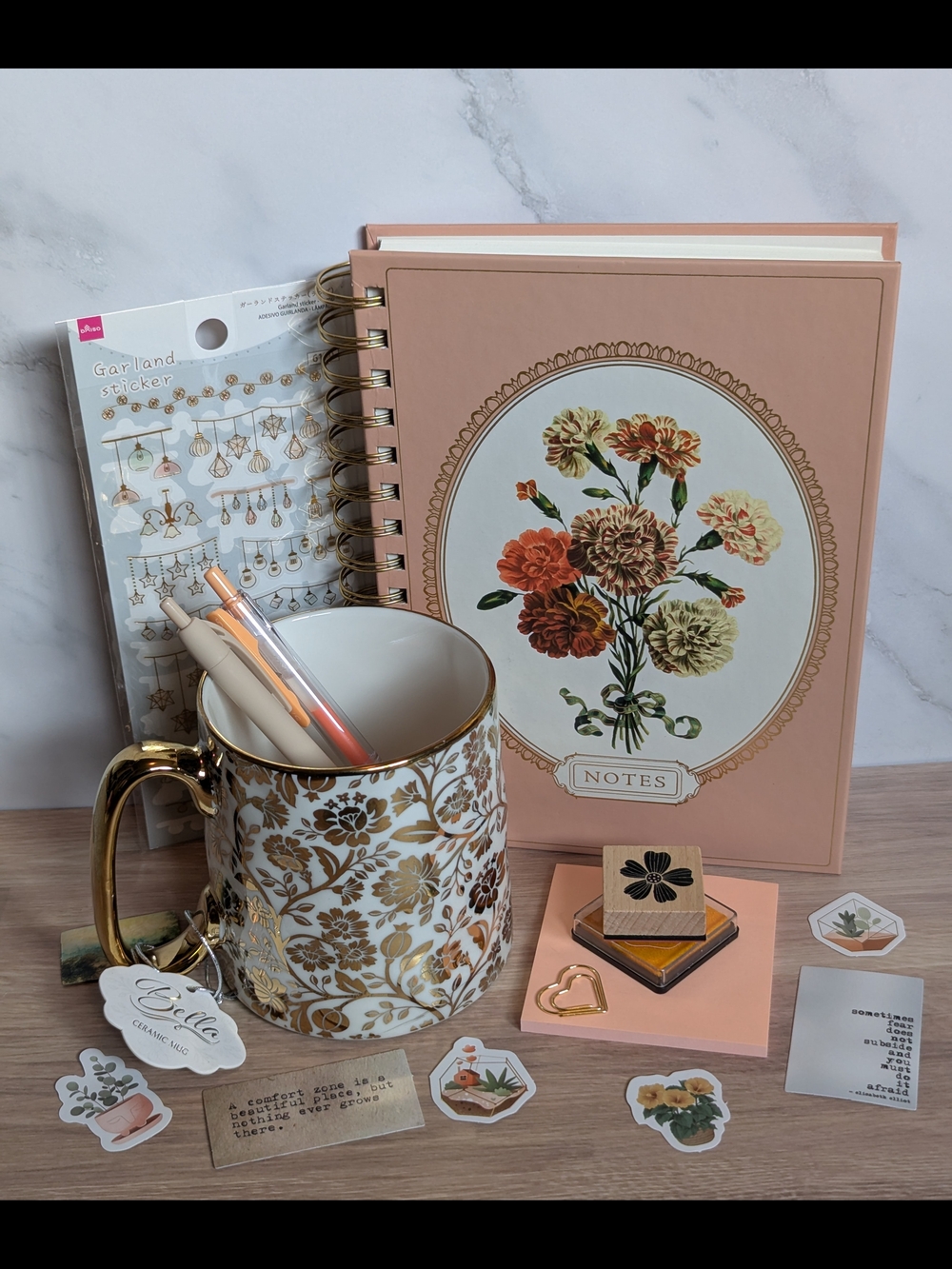 Peach Floral Notebook with Gold-Trim Floral Mug Set